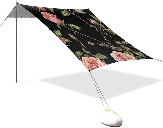 ALAZA Vintage Pink Rose on Black Beach Tent Sun Shelter Portable Canopy Sunshade for Outdoor Camping Picnics Backyard Fun 10x9 ft