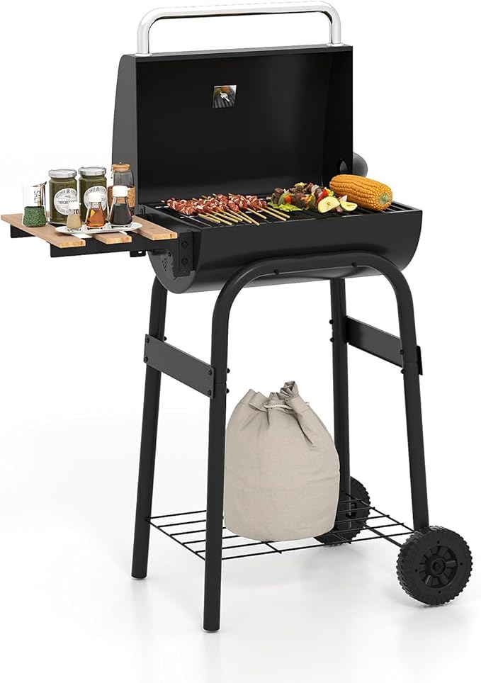 Happygrill Barrel Charcoal Grill Outdoor BBQ Smoker Grill w/Foldable Side Table Built-in Thermometer Storage Shelf Adjustable Air Vent Portable Barbecue Grills w/Wheels for Camping &amp Picnic