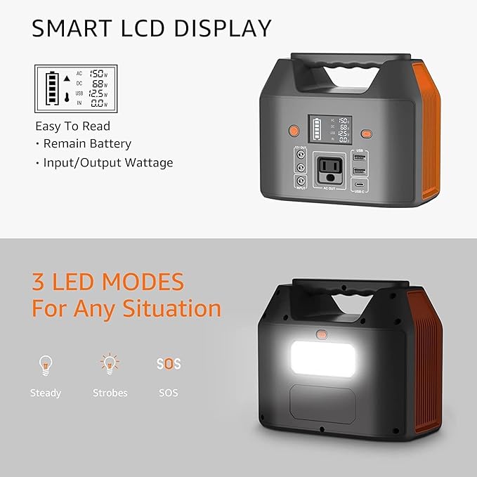 EnginStar Portable Power Station 150W 155Wh Solar Generator 110V 42000mAh Portable Power Bank w/AC Outlet 6 Outputs External Battery Backup LED Light for Outdoor Camping
