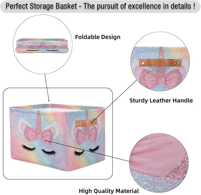 Pardick Unicorn Face Pink Basket Storage Bins Large Fabric Toys Storage Cube Box with Handles Collapsible Closet Shelf Cloth Organizer Basket for Nursery Bedroom Bathroom Holiday Gift