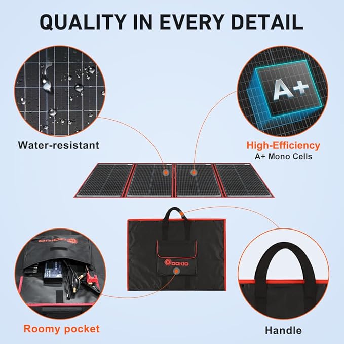 DOKIO 200W Portable Foldable Solar Panel Kit (20x27in 9.7lb) with Separate Controller and Dual USB Monocrystalline Charger for 12V Batteries &amp Power Stations RV Camping Trailer Emergency Backu