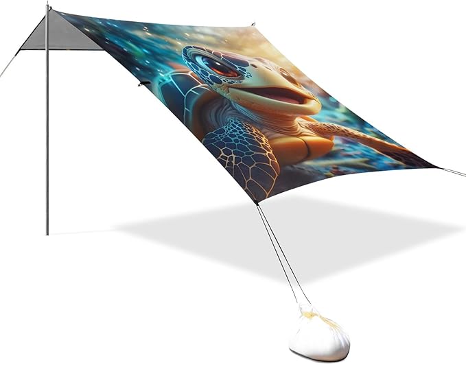 ALAZA Cute Sea Turtle with Ocean Beach Tent Sun Shelter Portable Canopy Sunshade for Outdoor Camping Picnics Backyard Fun 10x9 ft