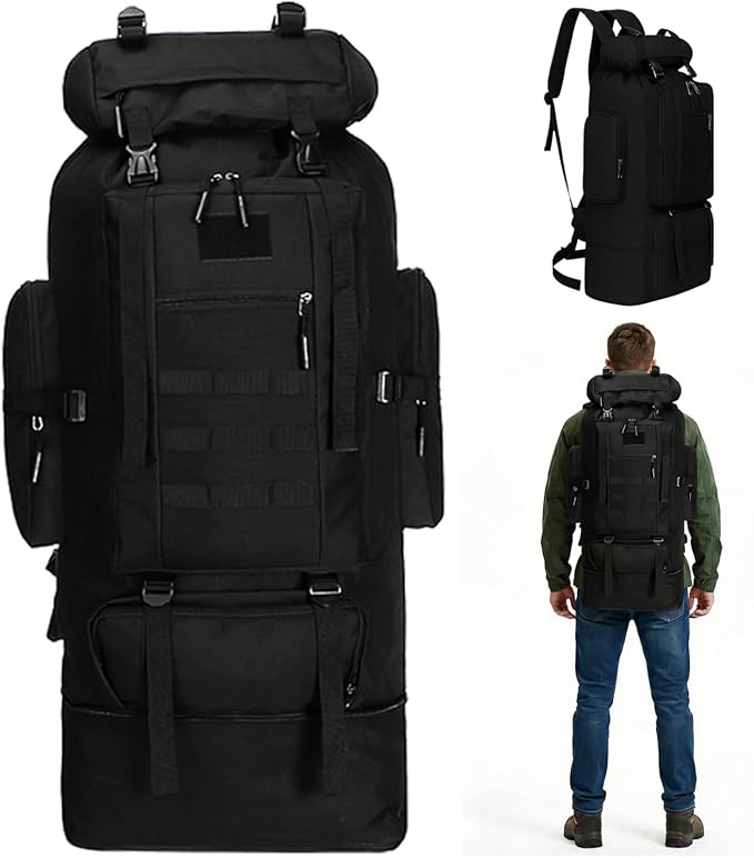 Goaste 100L Camping Hiking Backpack Molle Military Tactical Rucksack Waterproof Large Travel Daypack Adjustable Survival Hunting Sports Bag for Men and Women Hiking Camping Touring(Black)
