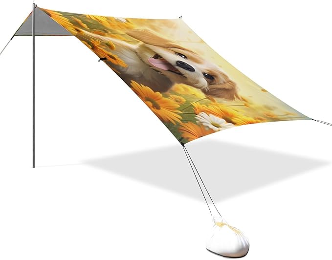 ALAZA Cute Puppy Dog Daisy Beach Tent Sun Shelter UPF50+ Protection Beach Shade Canopy w/ 4 Sandbags for Outdoor Camping Fishing Backyard Fun Picnic 10x9 ft