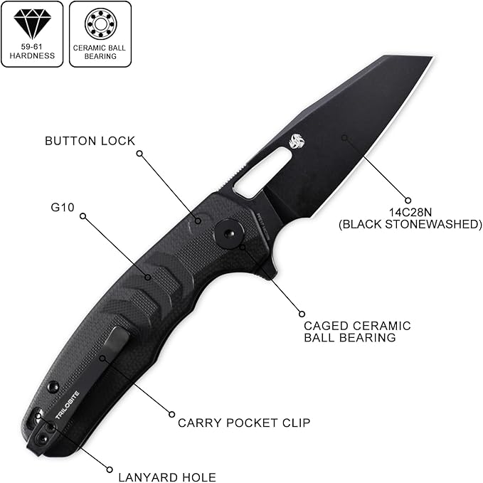Petrified fish PFE17 Trilobite Folding Knife3.03 14C28N Steel Black Stonewashed Blade G10 Handle Camping Folding knife for EDC Outdoor (Black Black Stonewashed)
