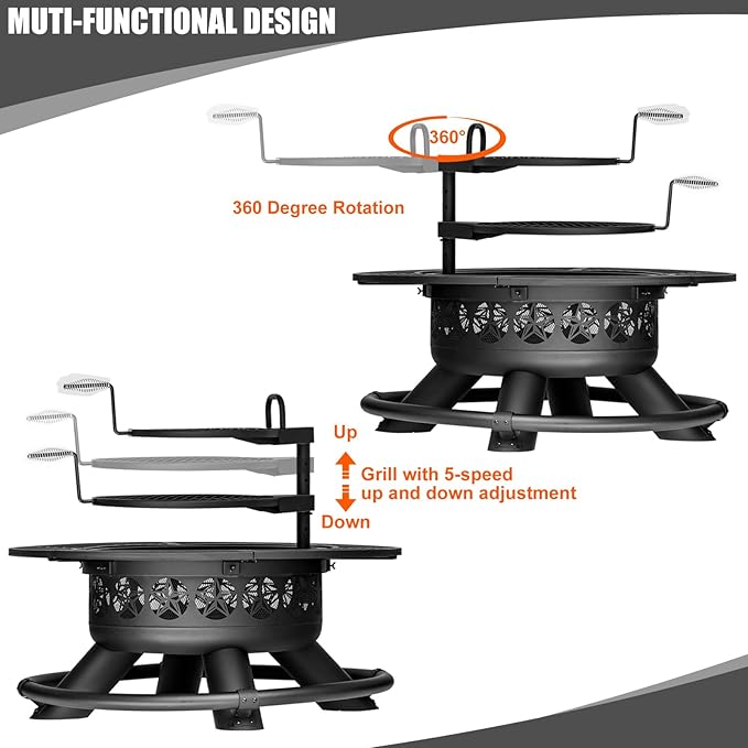 47 Inch Outdoor Fire Pit with 2 Grills Extra Large BBQ Firepits for Outside Metal Round Fire pits with Lid&ampFire Poker3 in 1 Wood Burning Outdoor Fireplaces for BackyardPatioBonfire