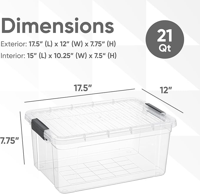Superio Clear Storage Box with Lid 21 Quart Plastic Container Bins for Organizing Stackable Crates BPA Free Non Toxic Odor Free Organizers for Home Office School and Dorm