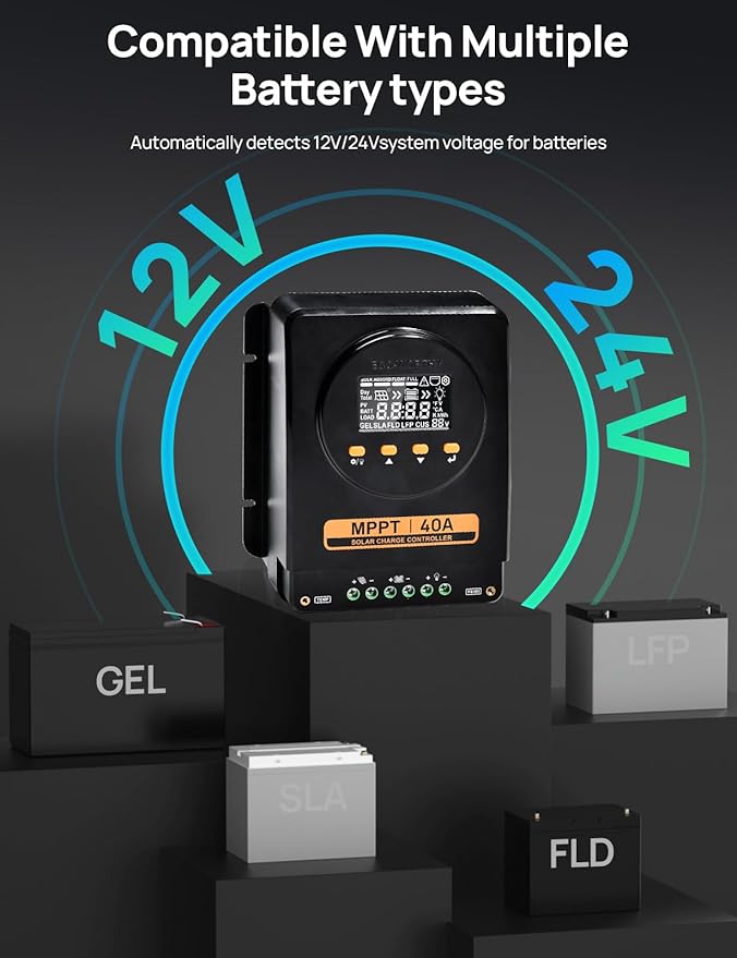 ECO-WORTHY MPPT Solar Charge Controller 40A with Bluetooth 12V/24V Auto LCD Display Compatible with LiFePO4 Gel SLA Battery Lithium Battery Activation for RV Off-Grid Solar System