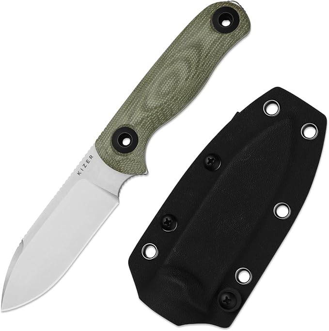Kizer Drop Bear Fix 3 Fixed Blade Knife 3.8 14C28N Blade EDC Camping Knife with Green Micarta Handle Small Hunting Knives with Sheath Outdoor Survival Knives with Pocket Clip and Lanyard 1101A2