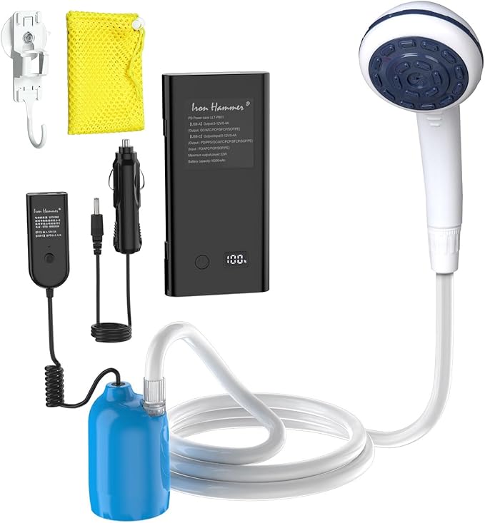 Portable 12V High Pressure Camp Shower Pump Compatible with Car Lighter Plug&ampPD fast charging portable power banks by USB-COutdoor Shower for CampingRV (Blue-Car Plug&ampPD Power bank)