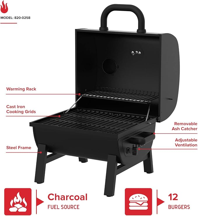Nexgrill 17.5 Portable Charcoal Grill with Adjustable Chimney Vent 349 SQ. In Cooking Area Table Top Grill for Camping Outdoor Cooking Patios and More – 820-0258