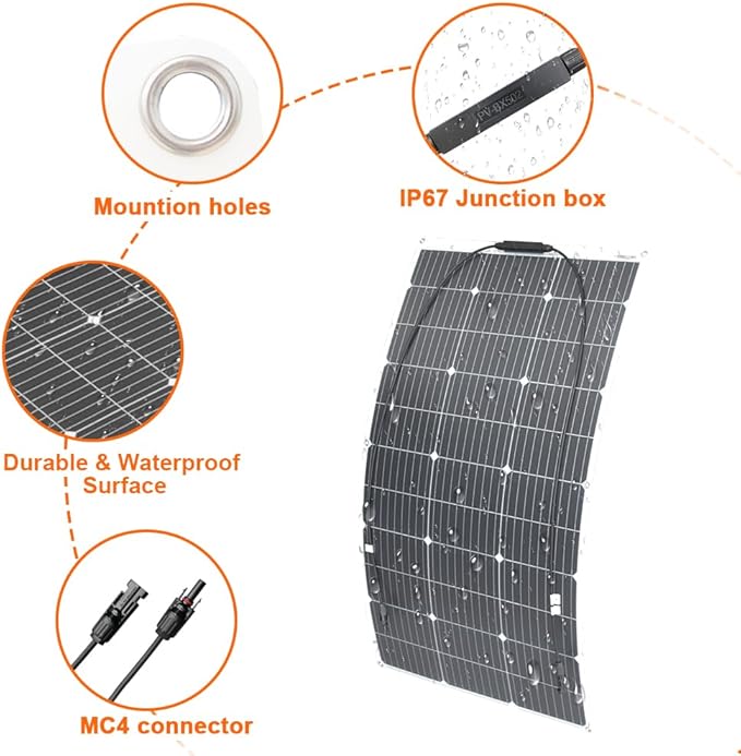 600W 12V Flexible Solar Panels 6x100W High Effiecncy Monocrystalline Solar Module for Marine RV Trailer Boat Cabin Van Car Battery