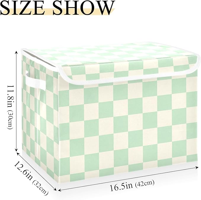 White Green Check Square Storage Box with Lid 1 PC Foldable Storage Bin with Lids Stackable Storage Bins Cube Closet Organizer Basket with Flip-Top Lid &amp Handles for Shoes Books Towels