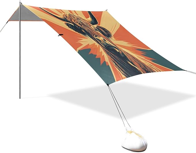 Retro Highland Cattle Beach Tent Sun Shelter Set UPF50+ UV Protection 10.5 x 9.19 FT Camping Shade Canopy with Sandbags Sand Anchors Carrying Bag and Others