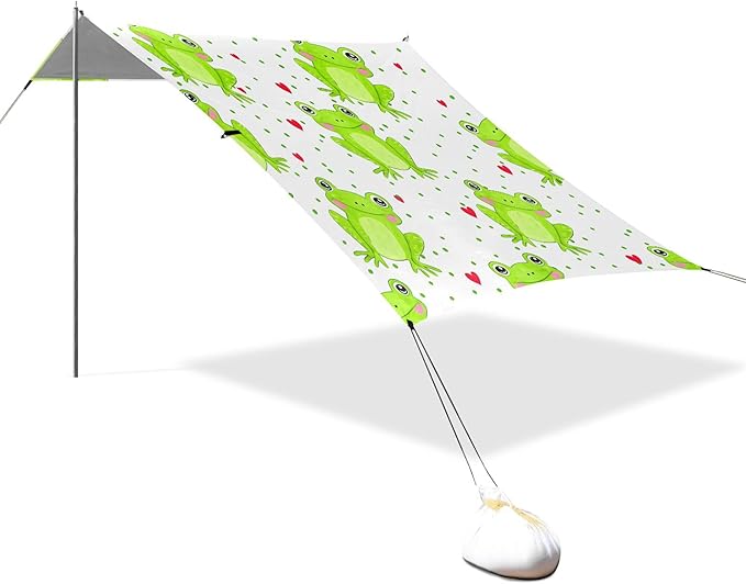 Frog Beach Canopy Sun Shelter with Sandbags &amp Sand Shovel &amp Windproof Ropes - Portable 110x126 Beach Shade Beach Tent for Camping Picnics