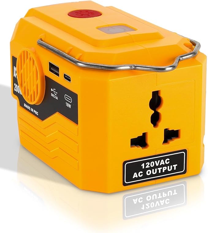 DC 20V to AC 110V Power Inverter Compatible with Dewalt 20V Max Battery 200W Portable Modified Sine Wave Power Inverter Converter with LED Light USB and Type-C Port(No Battery)
