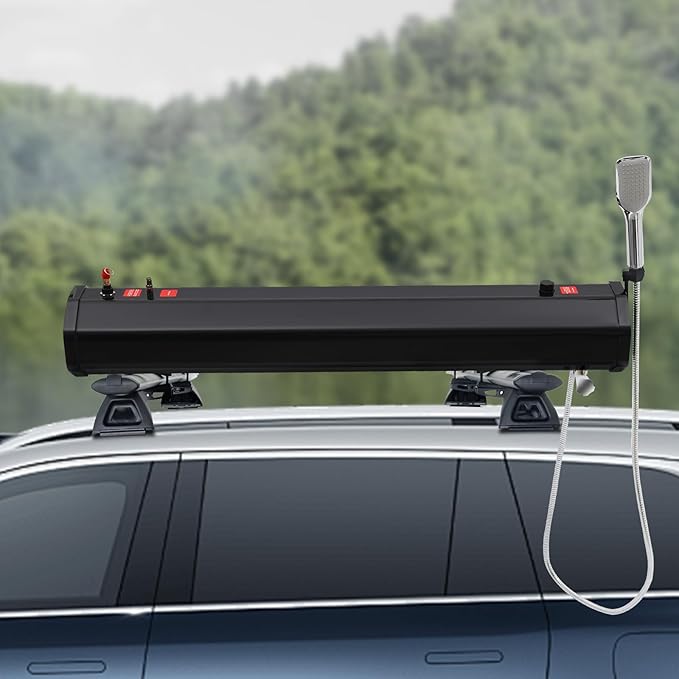 7.93 Gal Portable Water Tank 8.6 * 7 * 45in High Pressure Road Shower Tank Roof Rack Mount Road Shower Outdoor Activities Water Supply with Shower Head for Platform Luggage Rack Roof Tent
