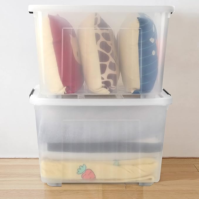 70 Qt Stackable Plastic Storage Bins with Lids 4 Pack See-Through Organizing Containers Box Durable Nestable Containers Organize Shoes Closet Shelves Clothes Blankets Towels Clear
