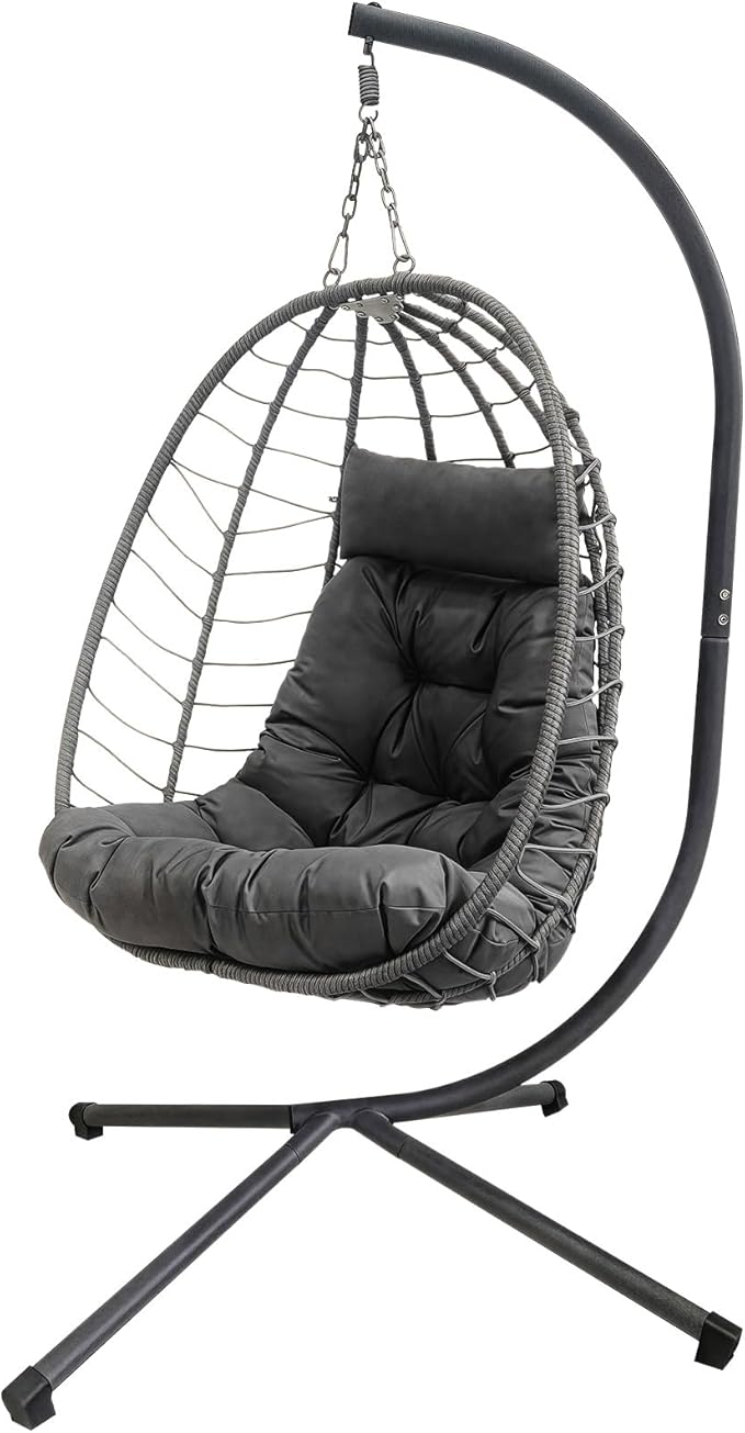 Hanging Egg Chair with Stand Outdoor Indoor Rattan Wicker Swing Chair Foldable Patio Hammock with Cushion Dark Grey 350 LBS Capacity (Dark Grey)
