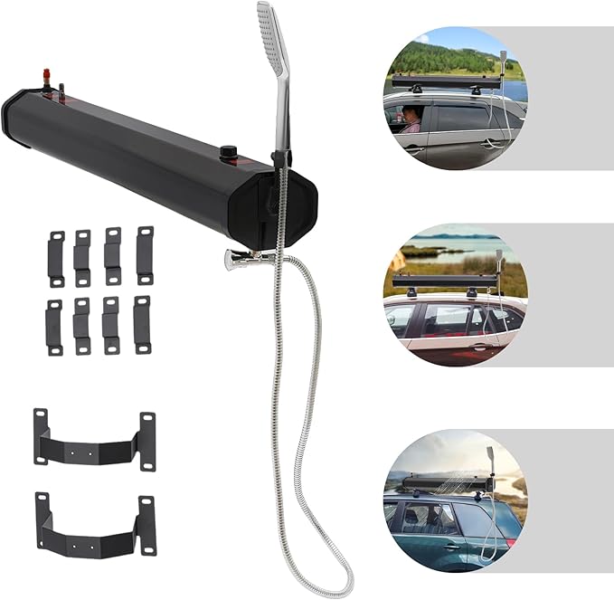 Pressurized Water Tank Road Camping Shower Roof Rack Mount Road Shower Solar Roof Rack Shower Outdoor Roof Rack Water Tank with 5.58ft Water Hose &amp Shower Head for SUVs sedans RVs