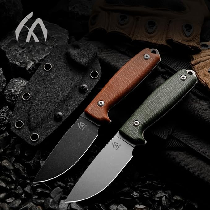 HUANG FU Fixed Blade Knife 7.08 Inches Total Length Double Edge High-Carbon Steel Tactical Survival Knife with K-Sheath (Brown stem)