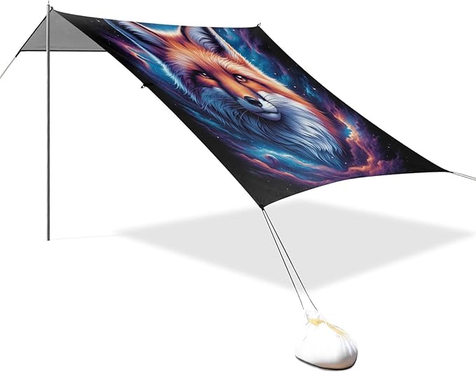 ALAZA Fox Head in Nebula Beach Tent Sun Shelter UPF50+ Protection Beach Shade Canopy w/ 4 Sandbags for Outdoor Camping Fishing Backyard Fun Picnic 10x9 ft
