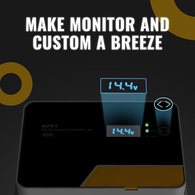 BougeRV MPPT Solar Charge Controller 40A with Remote APP Control Backlit LCD Display Temperature Sensor 12V/24V/36V/48V Battery Regulator for LiFePO4 SLD AGM FLD Gel Battery Negative Ground