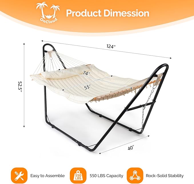 ONCLOUD Hammock with Stand for Outsides Heavy Duty Adjustable Double Hammock Set All-in-one Use Hammock with Stand for Outdoors Patio Garden Yard 550 LBS(White Set)