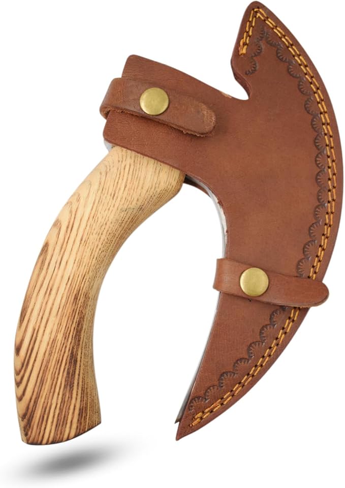 Handmade Ulu Kitchen Mini-Axe Knife Rose Wood Handle Comes with Leather Sheath (6009-P)