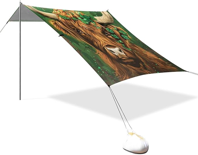 ALAZA Highland Bull Four Leaf Beach Tent Sun Shelter UPF50+ Protection Beach Shade Canopy w/ 4 Sandbags for Outdoor Camping Fishing Backyard Fun Picnic 10x9 ft