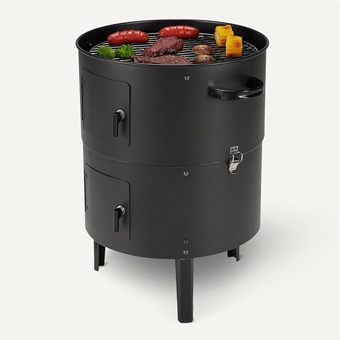 Amazon Basics 16 inch Vertical Charcoal Outdoor Smoker BBQ Grill with Built-in Thermometer 2-Layer Design Adjustable Air Supply Control Black