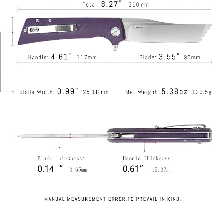 3.55 Folding Pocket knife with Clip D2 Flipper Blade with G10 For EDC Camping Outdoor Men/WomenXUN112-PGS（Satin Tanto）