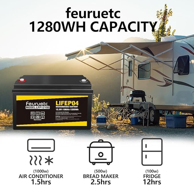 12V 100Ah LiFePO4 Battery - Small RV Battery with 100A BMS 15000+ Deep Cycles Solar Energy Storage Lithium Phosphate Batteries for Home Motor Travel Trailer Camping Off-Grid Power