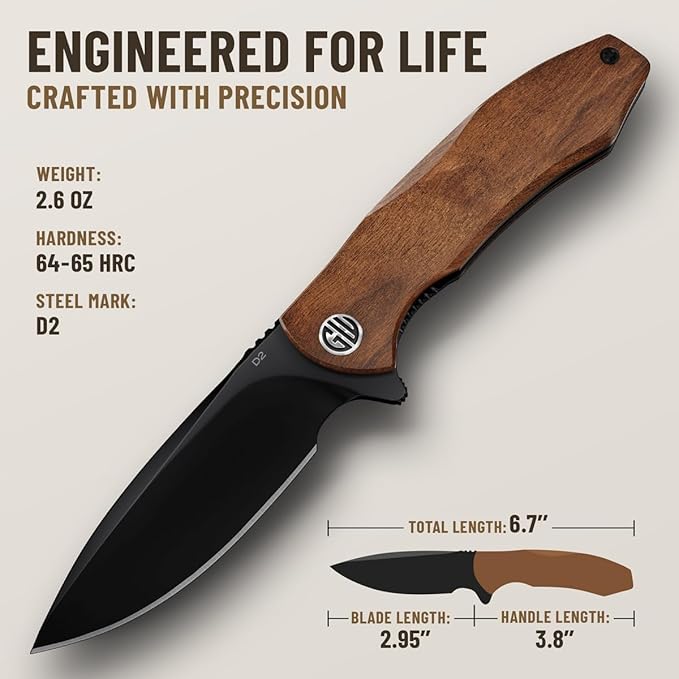 High-End Folding Pocket Knife – D2 Steel Blade Guibourtia Wood Handle &amp Smooth Ball Bearing Pivot – Elegant Gift-Ready EDC Knife with Deep Carry Clip Legal in All States - Gifts for Men 6700 NEW