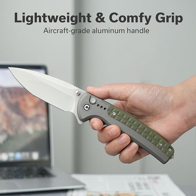 CIVIVI Folding Pocket Knife Sentinel Strike II Utility Knife with Glass Breaker 3.7 Nitro-V Blade Aluminum Handle EDC Knife for Outdoor Survival Hunting Hiking Camping C22025D-2 Green