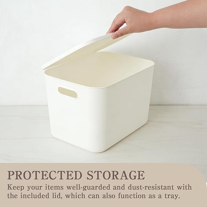 11 Pcs White Plastic Storage Bins with Handle and Lids 14 x 10.5 x 9.6 Inches Containers Box Stackable Storage Baskets for Playroom Classroom Office Shelves Desktop Drawers Organization