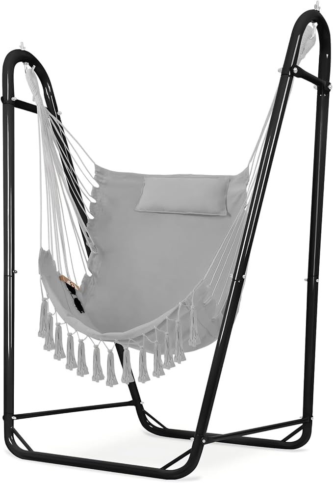 U-Shaped Hammock Chair with Stand Heavy-Duty and Rustproof Hanging Chair with Stand Bohemian Style Tassel Hammock Swing Chair Stand with Headrest and Side Pockets for Yard Garden (Light Gray)