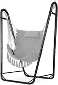 U-Shaped Hammock Chair with Stand Heavy-Duty and Rustproof Hanging Chair with Stand Bohemian Style Tassel Hammock Swing Chair Stand with Headrest and Side Pockets for Yard Garden (Light Gray)