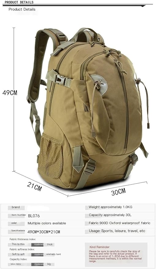 35L Military Tactical Backpack Waterproof Hiking Bag Breathable Rucksack(Camel grey)
