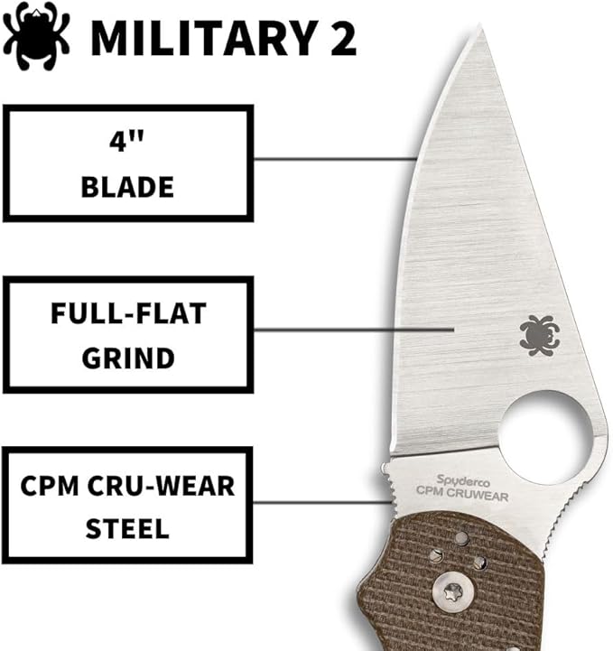 Spyderco Military 2 Folding Pocket Knife with 4 CPM Cru-Wear Steel Blade and Micarta Handle - EDC Knife for Men and Women Perfect for Hunting Tactical Camping Survival - PlainEdge - C36GP2