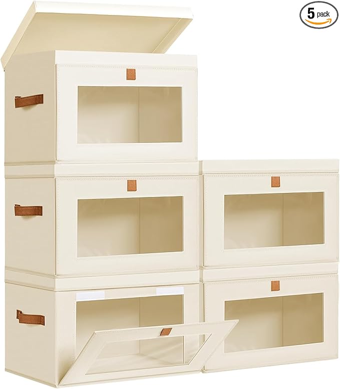 DIMJ Storage Bins with Lids - 5 Pack Large Fabric Closet Organizer with Window &amp Handles Collapsible Decorative Storage Boxes for Shelves Under Bed Books Clothes Blankets Sweaters Organization