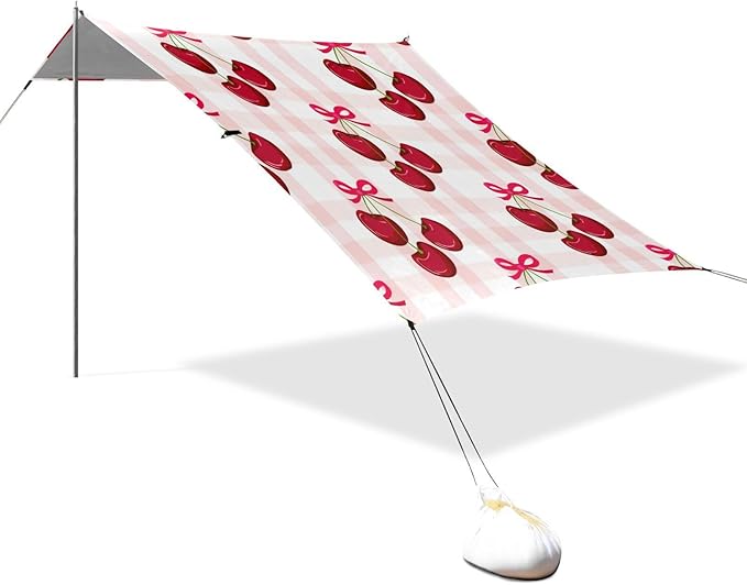 xigua Cherry Beach Tent Sun Shelter with Carrying Bag - Silver Coated Oxford Fabric Beach Canopy for Beach Camping Fishing - Includes Windproof Ropes Sandbags &amp Stakes