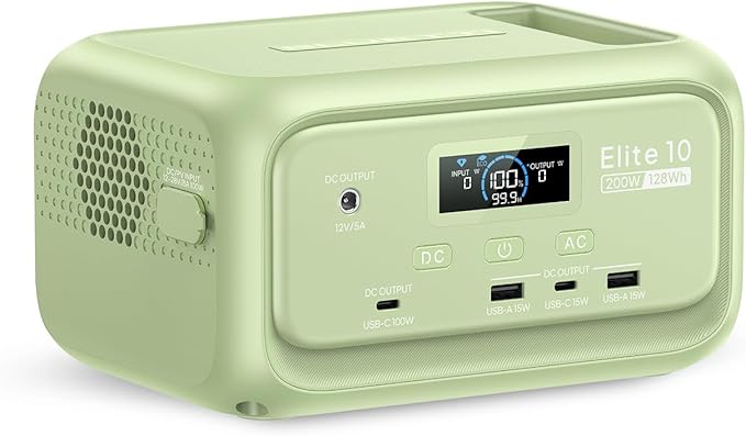 BLUETTI Elite 10 Mini Portable Power Station 128Wh LiFePO4 Battery with 200W AC Outlet 10ms UPS Backup Fast Recharge Solar Generator for Camping Travel &amp Outage Emergency Backup (Meadow Green)