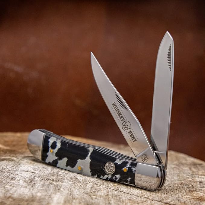 WHISKEY BENT HAT CO. Traditional Trapper Folding Pocket Knife 4.125 Closed Length 440C Stainless Steel Blades (Black Hide)