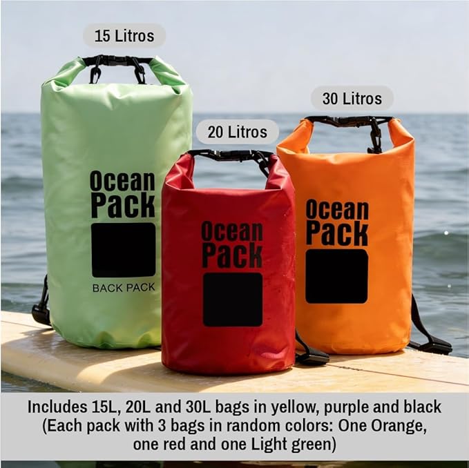 Waterproof Dry Bag Set of 3 (15L 20L 30L) - PVC Roll Top Dry Bags Waterproof - Backpack for Kayaking Camping Beach &amp Travel (Red Light Green Orange)