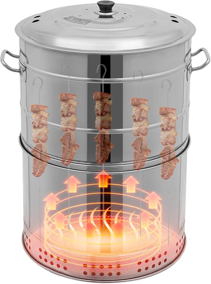 2-in-1 Vertical Smoker Barrel Grill Portable Charcoal BBQ 360° Smokeless Stainless Steel BBQ Grill Barrel for Outdoor Barbecue Camping And Backyard Cooking (Large-50 Skewers)