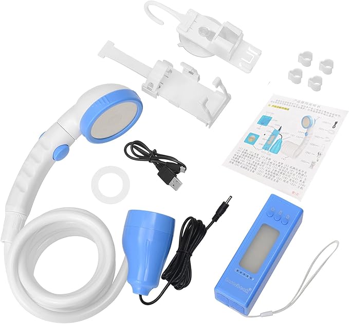 Portable Outdoor Camping Shower with Charger 5000mAh Power Bank High Capacity with LED Camping Lantern for Emergency Light Mobile phone emergency charging 3 Functions Handheld Shower Head