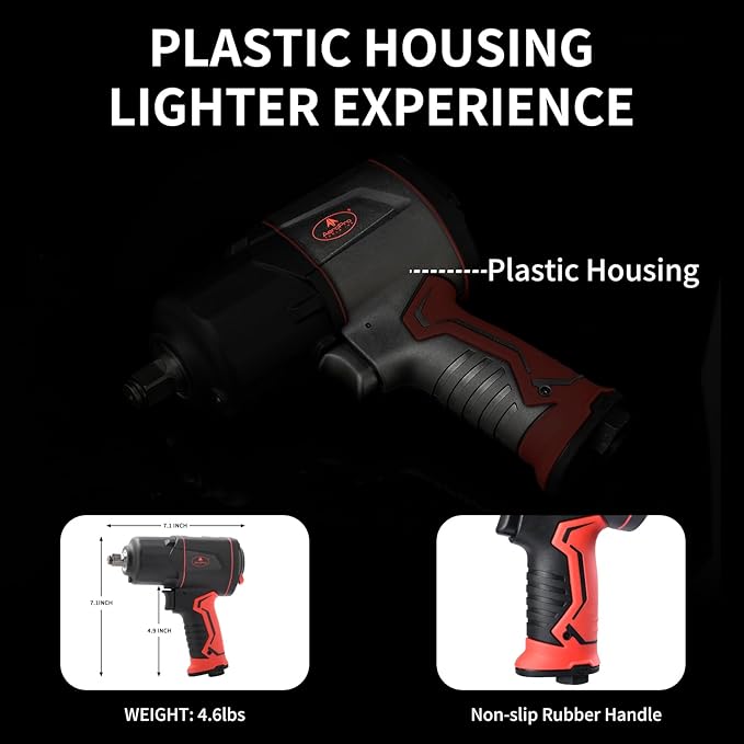 AEROPRO TOOLS 1/2-Inch Composite Air Impact Wrench(A315) Twin Hammer 1380FT-LBS Max Loosening Torque 8000RPM Pneumatic Impact Gun for Auto Repair Tire Shop (Lightweight Housing)