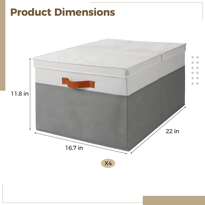 4 PCS EXTRA Large Blanket Storage Baskets with Lids 22 x 16.7 x 11.8 in Decorative Storage Bins with Double-Open Lid Fabric Bins with Handles Stackable Storage Cubes for Shelf Laundry Room Nursery