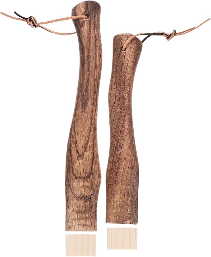 VILLCASE 2pcs Short Curved Solid Wooden Handles for Hatchet and Axe Replacement with Hanging Hole 26cm and 33cm Options Includes Wood Shim and Leather Strap for Camping and Wood Splitting
